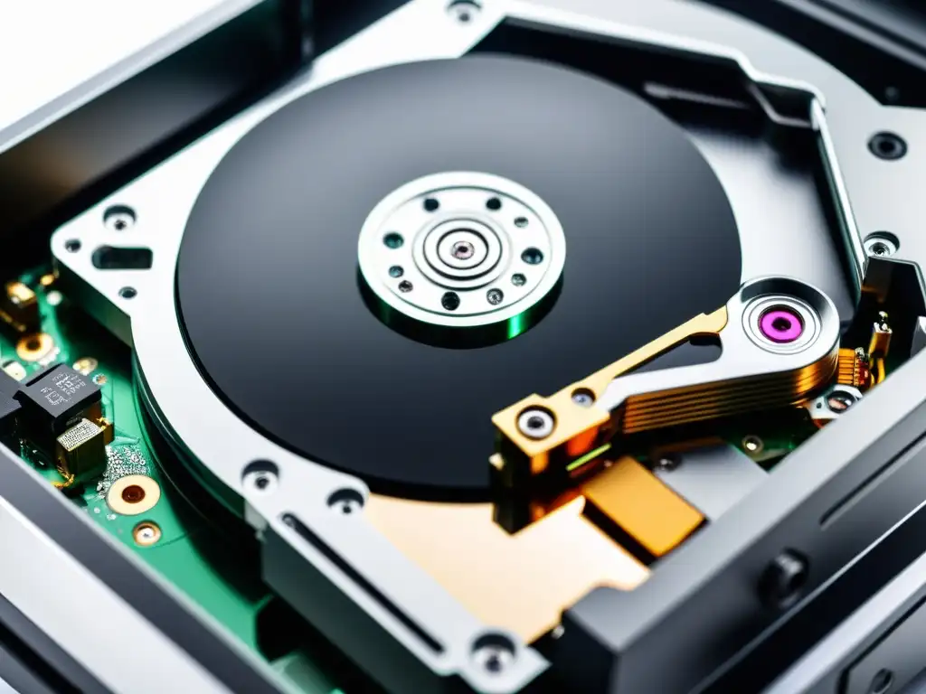 Detalles impresionantes de un disco duro tradicional sin carcasa Detalle de un HDD tradicional sin carcasa, mostrando sus componentes mecánicos internos