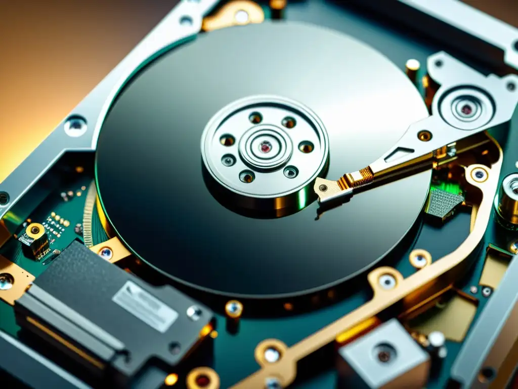Detalles internos de un HDD tradicional: ingeniería de precisión Detalle de un HDD tradicional, mostrando su compleja maquinaria interna con reflejos de luz, evocando ventajas y desventajas de HDD tradicionales