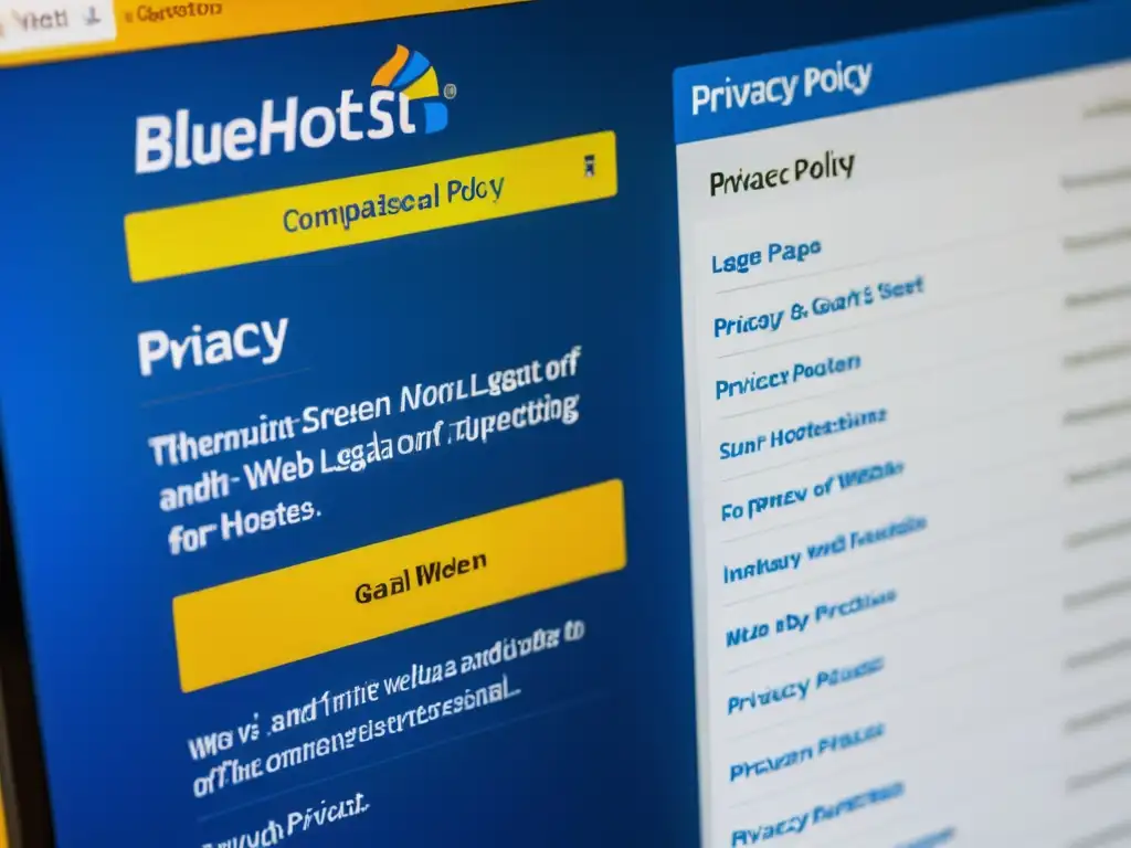 Comparación detallada de políticas de privacidad de HostGator y Bluehost Detalle ultrarrealista de pantallas de privacidad de HostGator y Bluehost, interpretando políticas privacidad hosting web