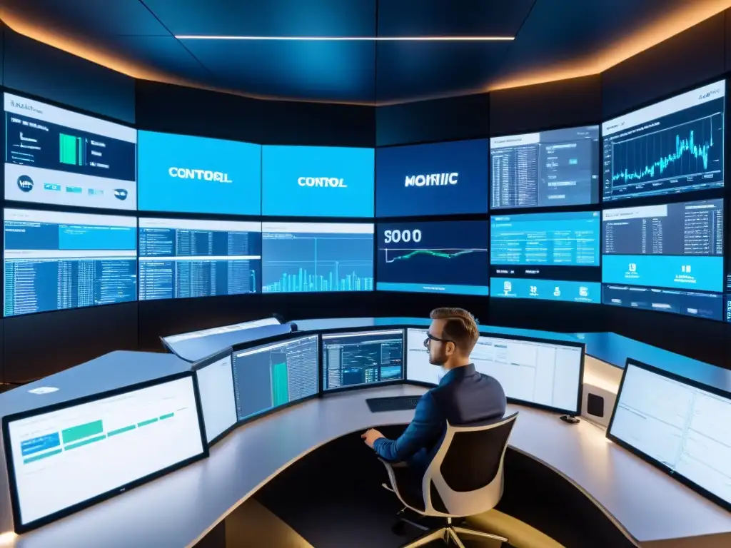 Control Room Futurista con Monitoreo Sintético en Tiempo Real Diferencias en monitoreo sintético y usuarios reales: moderna sala de control con pantallas mostrando datos y equipo analizándolos