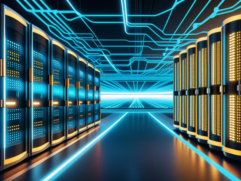Red de servidores ultradetallada: eficiencia y sofisticación Un diseño futurista de servidores interconectados con balanceo de carga y autoescalamiento, reflejando la eficiencia del hosting para startups