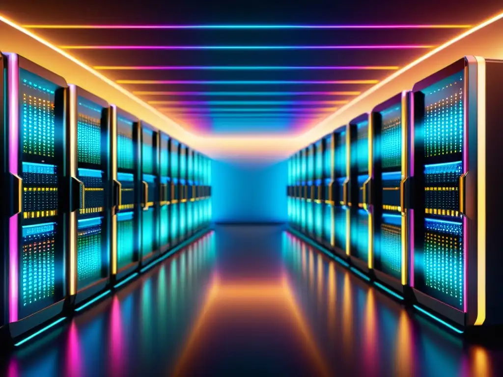 Red de servidores interconectados: Tecnología avanzada Un diseño moderno y elegante que representa una red de servidores interconectados con líneas de datos vibrantes y luminosas