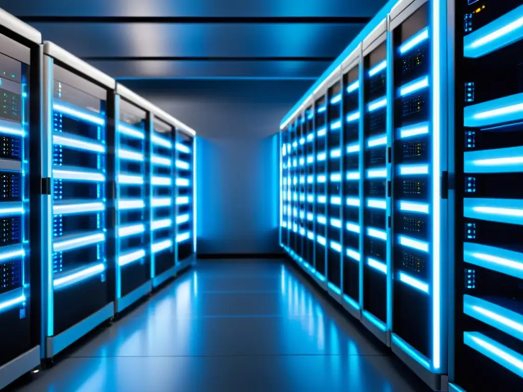 Sala de servidores de alta tecnología: eficiencia y estilo futurista Un elegante y futurista centro de servidores con óptimo rendimiento y luces LED vibrantes