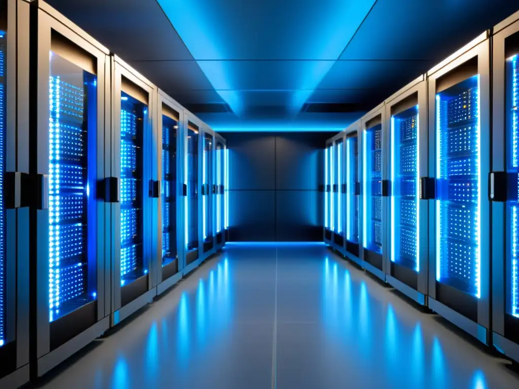 Server room futurista: alta tecnología en azul suave Un elegante y futurista centro de servidores, bañado en una suave luz azul LED, perfecto para comparar 'Hosting compartido vs dedicado para startups'