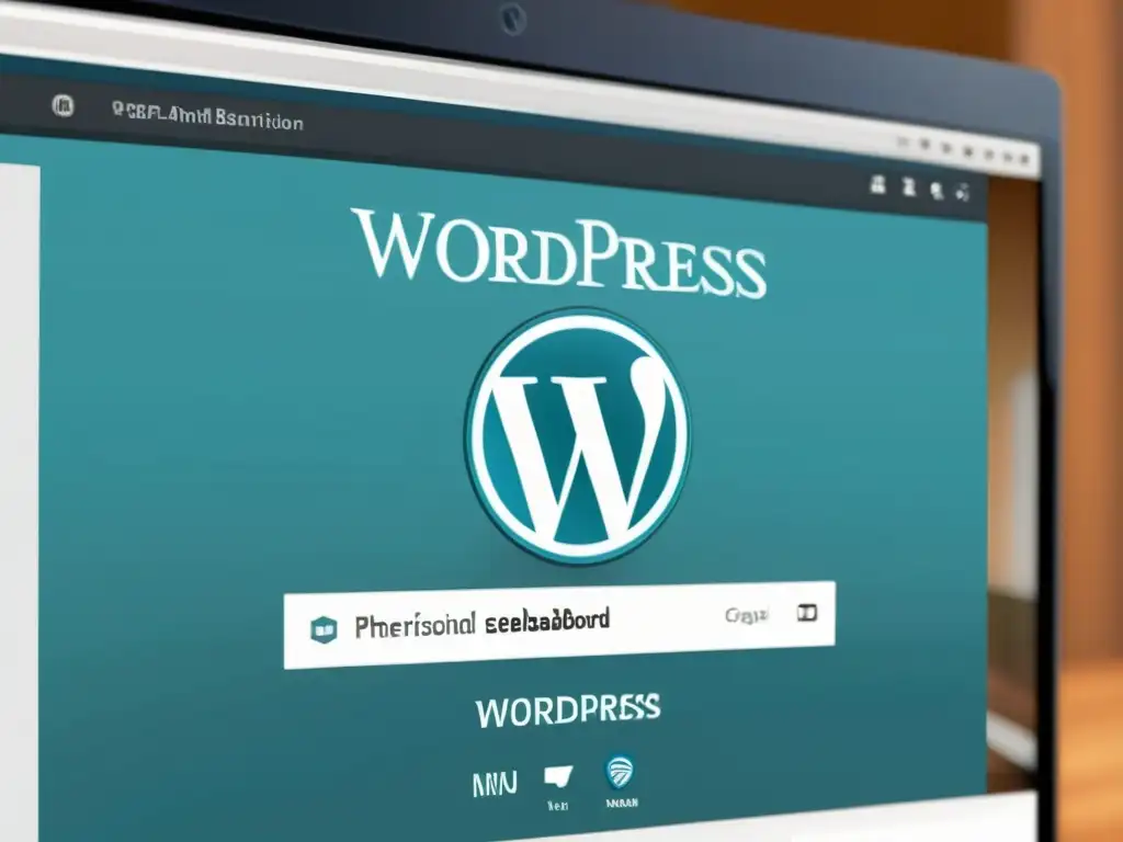 Actualización PHP 8: Dashboard de WordPress en pantalla Un elegante y moderno escritorio de computadora muestra el panel de control de WordPress con la notificación de actualización de PHP 8 destacada