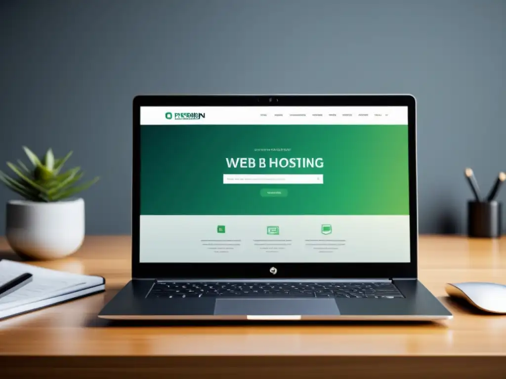 Portátil moderno en entorno profesional y creativo Un elegante portátil en un espacio de trabajo minimalista muestra un diseño web impactante sobre alojamiento web gratuito