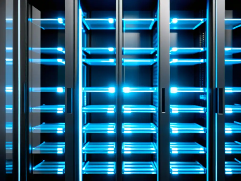 Sistema de servidores de alta tecnología: precisión y profesionalismo Un elegante rack de servidores con iluminación LED azul, organizado impecablemente