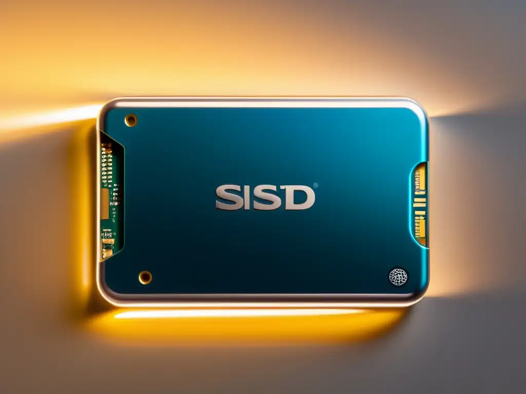 SSD de última generación: diseño elegante y rendimiento avanzado Un elegante SSD iluminado con luces cálidas, revelando su sofisticada tecnología