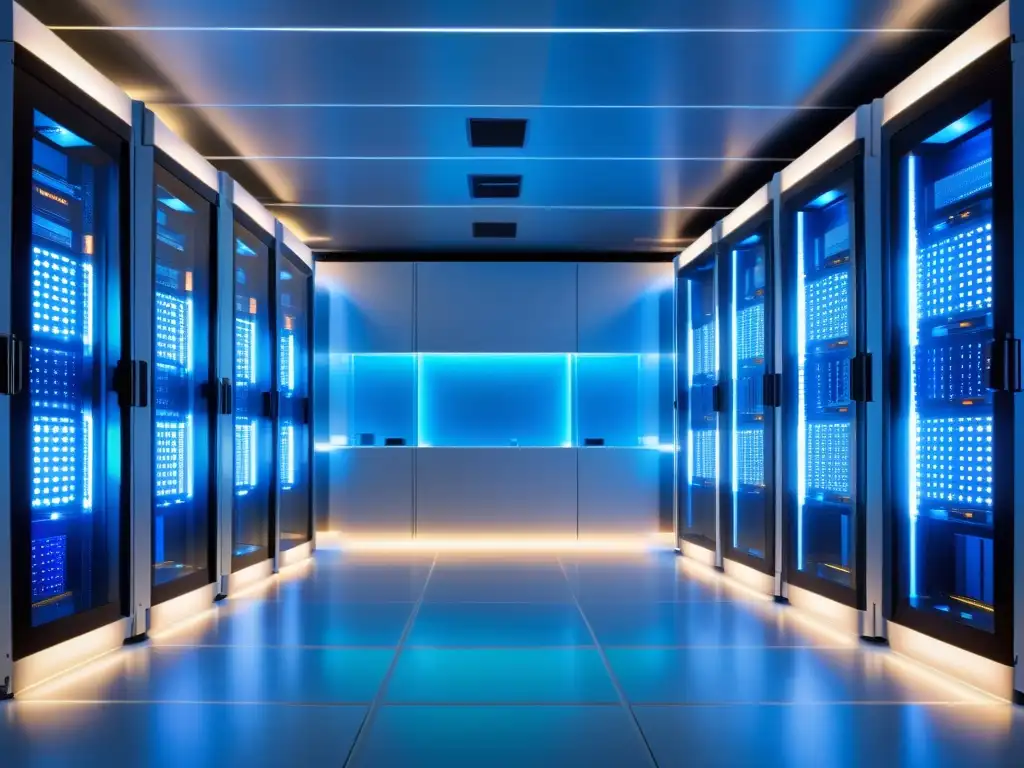 Un entorno futurista de servidores VPS, con luces LED azules y blancas, refleja eficiencia y tecnología punta para el crecimiento escalable web
