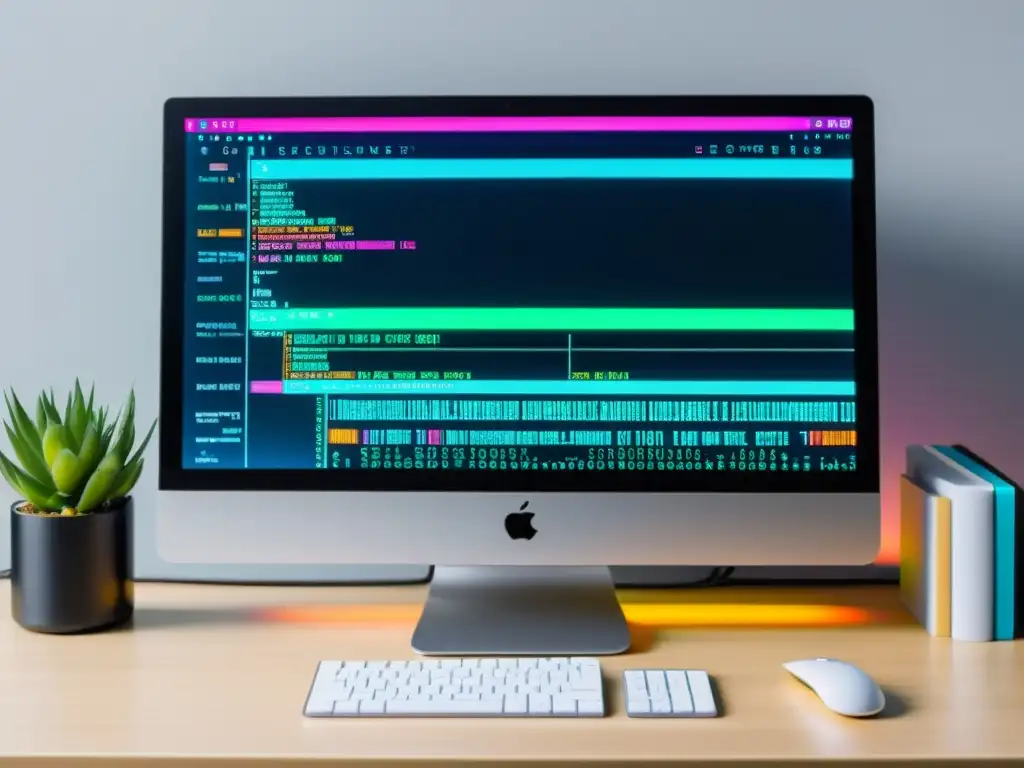 Escritorio minimalista con pantalla de código y accesorios modernos Un entorno de trabajo ordenado y sereno, con un monitor mostrando código de programación y pestañas abiertas en diferentes lenguajes