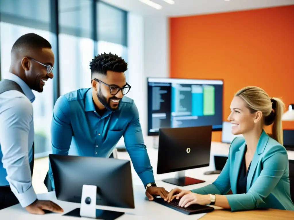 Equipo diverso de soporte técnico en moderna oficina Un equipo diverso de profesionales del soporte técnico colabora en una oficina moderna y luminosa, transmitiendo innovación y trabajo en equipo