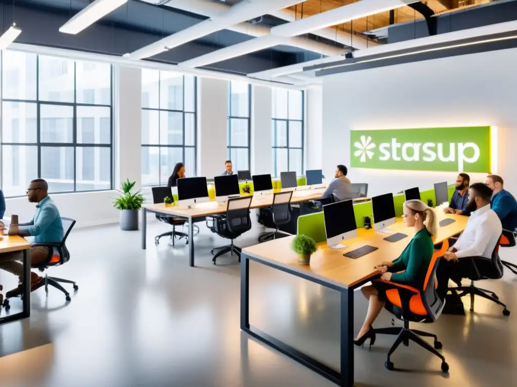 Oficina moderna de startup: equipo diverso y vibrante Equipo diverso de una startup colaborando en un espacio moderno y vibrante