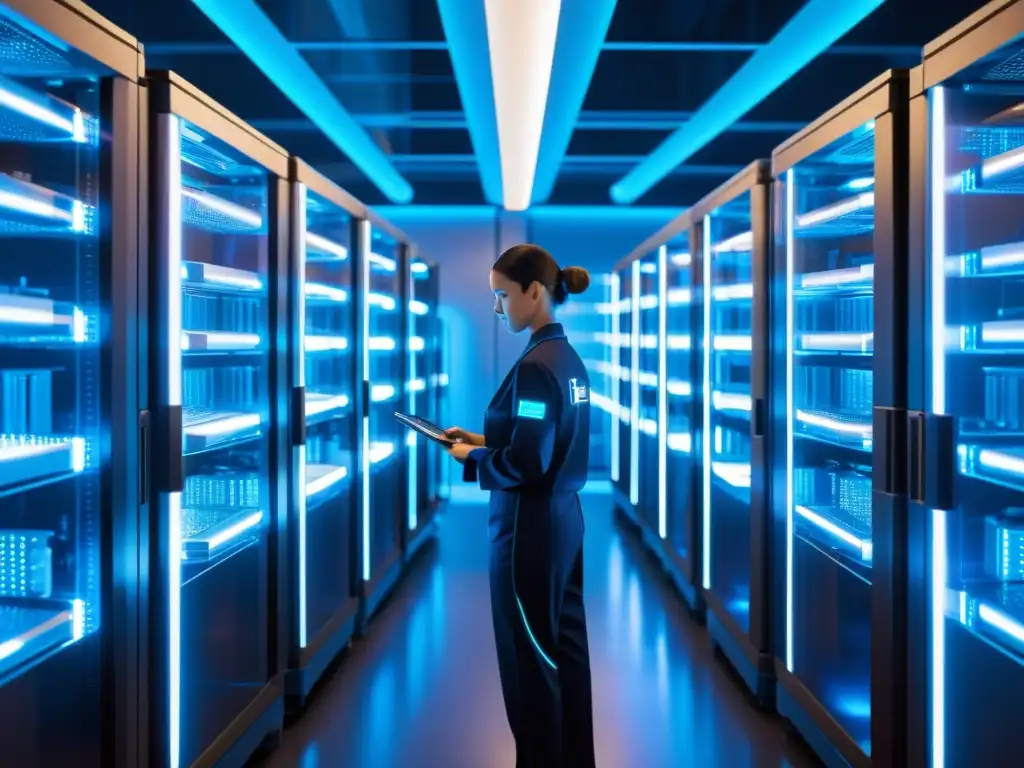 Servidores futuristas en contenedores transparentes con circuitos brillantes Equipo de ingenieros en sala de servidores futurista con contenedores Docker, tecnología holográfica y ambiente de alta eficiencia