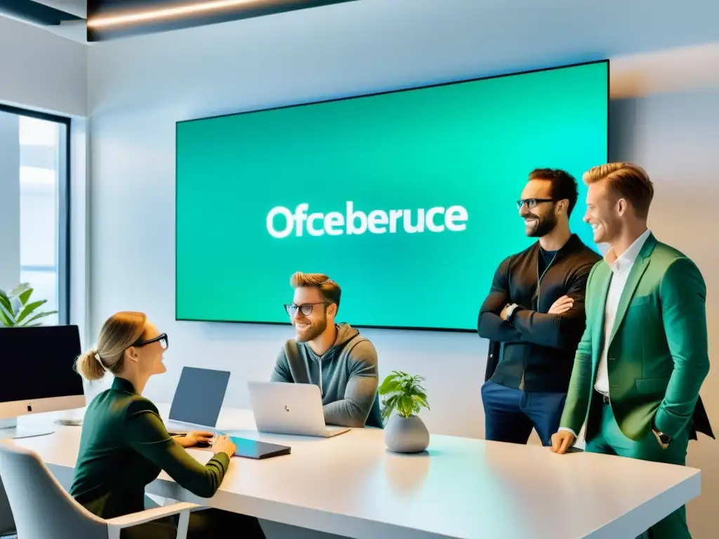 Equipo de diseño de interfaz: optimización UX en acción Un equipo de diseño de interfaz de usuario colabora en una oficina minimalista y luminosa, optimizando la experiencia de usuario para una gran marca