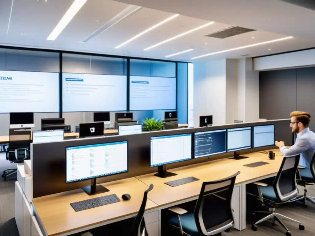 Análisis de datos e innovación en la oficina Equipo profesional analiza datos en oficina moderna, con luz natural y tecnología avanzada, para mejorar servicio hosting y estudio de competencia