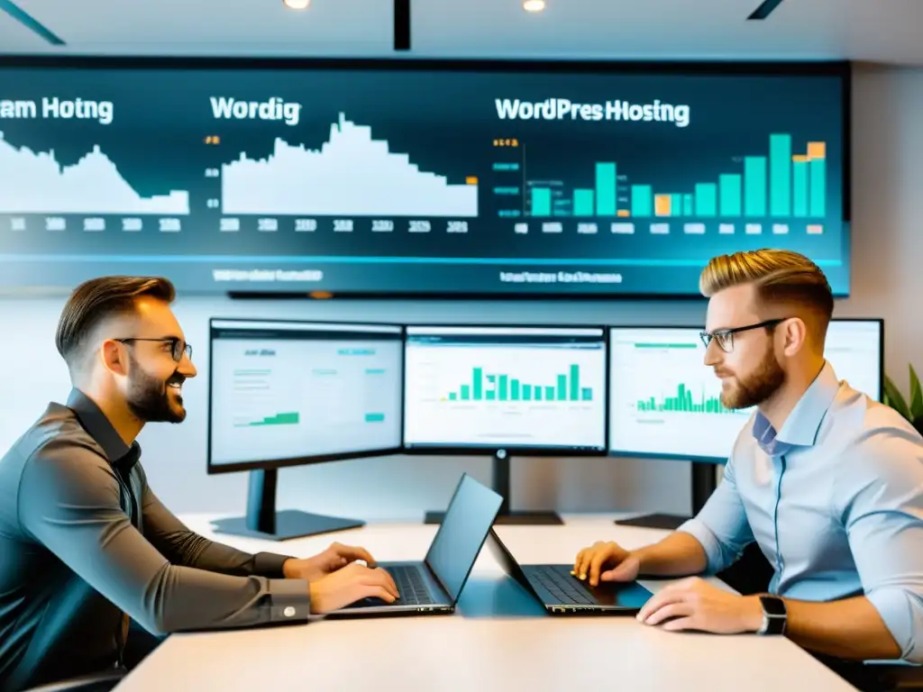 Equipo experto optimizando WordPress hosting Un equipo de profesionales mejora el crecimiento del tráfico de WordPress Hosting en una oficina moderna, con pantallas de datos y gráficos
