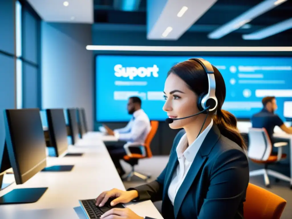 Equipo de soporte premium en acción: eficiencia y colaboración Equipo de soporte premium para empresas en oficina moderna, reflejando eficiencia y colaboración en el hosting con soporte premium para empresas