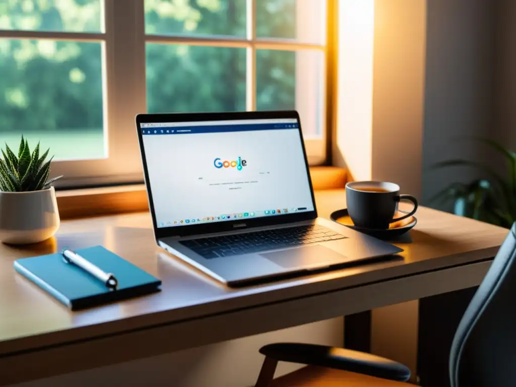 Escritorio minimalista con eficiencia en la gestión de correo Un escritorio minimalista y moderno con laptop, portalápices y taza, bañado por la cálida luz del sol