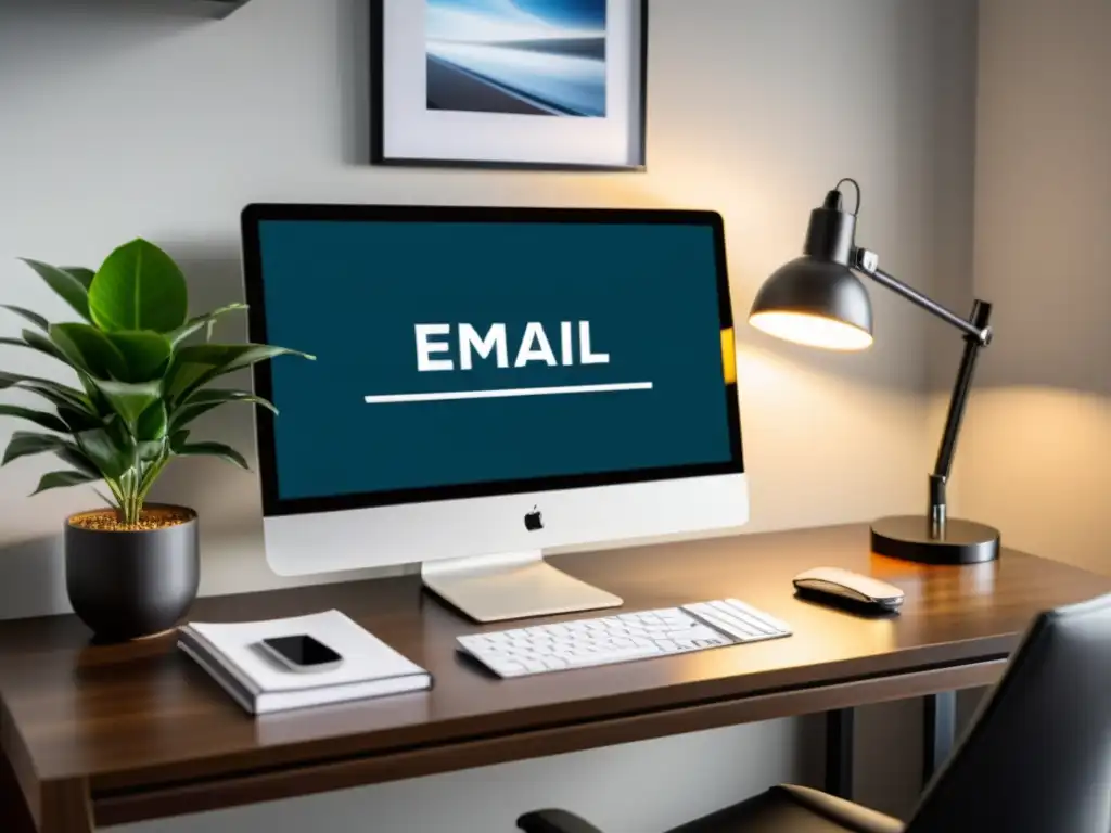 Oficina moderna: escritorio elegante, ordenado y profesional Escritorio moderno con computadora elegante, email corporativo eficiente y ambiente profesional para mejores opciones de hosting con email corporativo