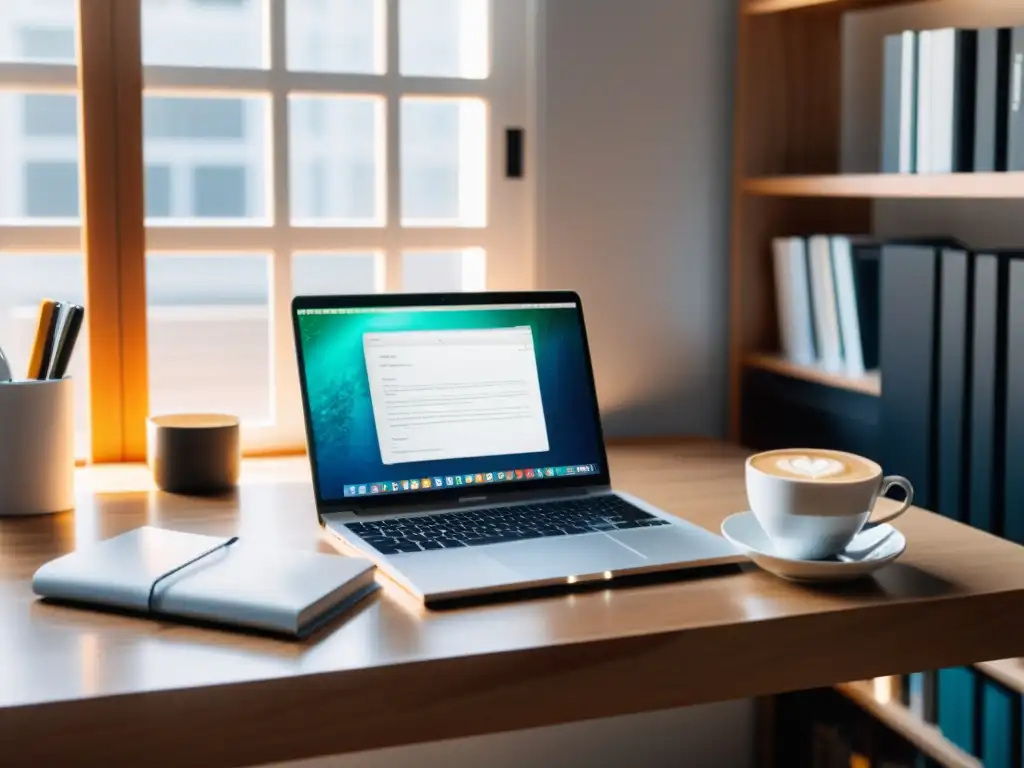 Espacio de trabajo moderno y ordenado con laptop plateada, código y café Escritorio moderno con laptop plateada, código en cuaderno, café y librero de programación