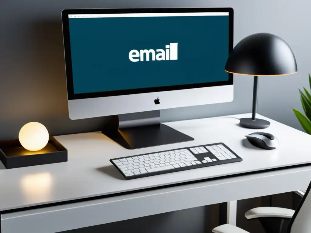 Escritorio de oficina moderno con computadora de alta gama y ambiente profesional Escritorio de oficina moderno con computadora de escritorio, monitores duales, teclado y mouse inalámbricos