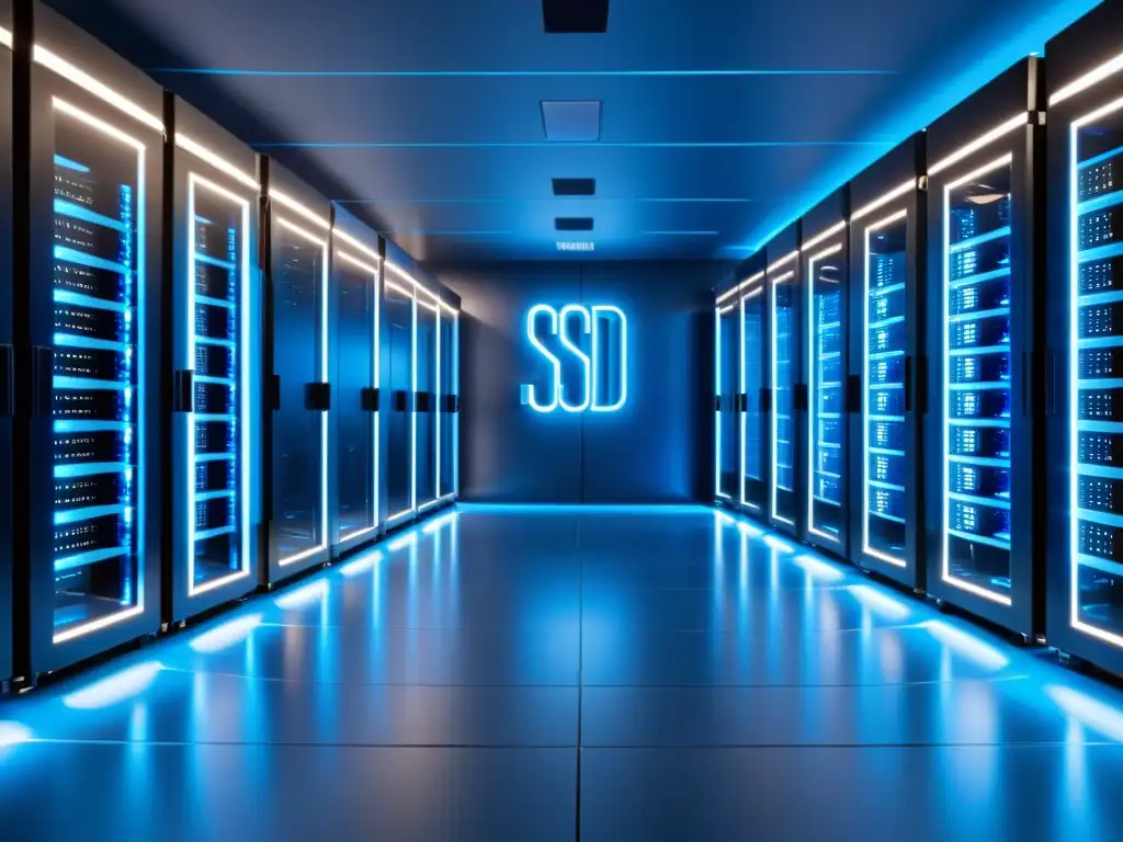 Sala de servidores SSD: Eficiencia y tecnología futurista Un espacio elegante y futurista con racks de SSD iluminados en azul, reflejándose en el suelo pulido