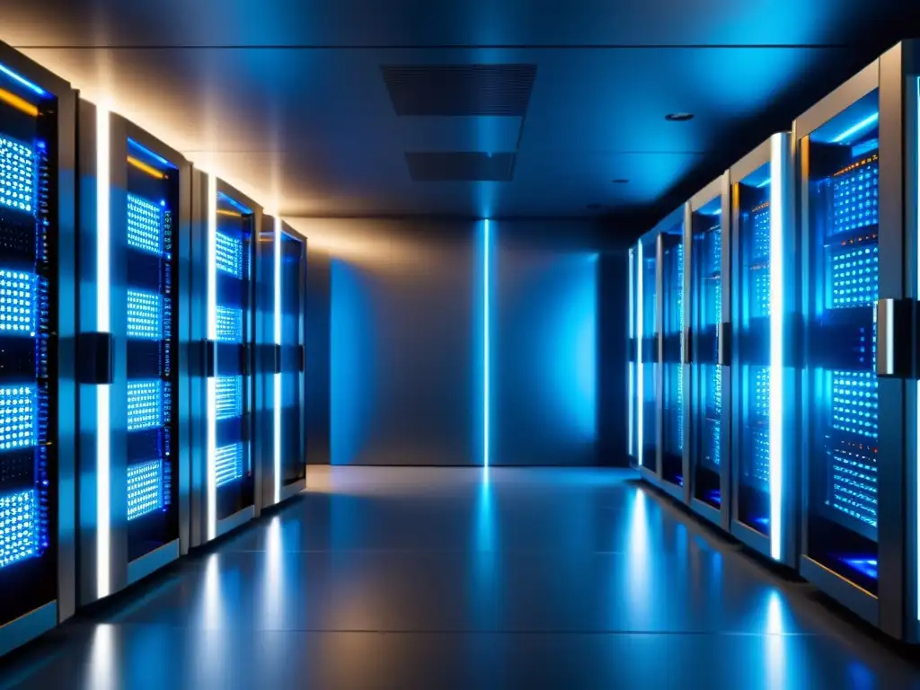 Sala de servidores futurista con luces azules y orden impecable Un espacio futurista con servidores brillantes y organizados en filas, emitiendo una suave luz azul