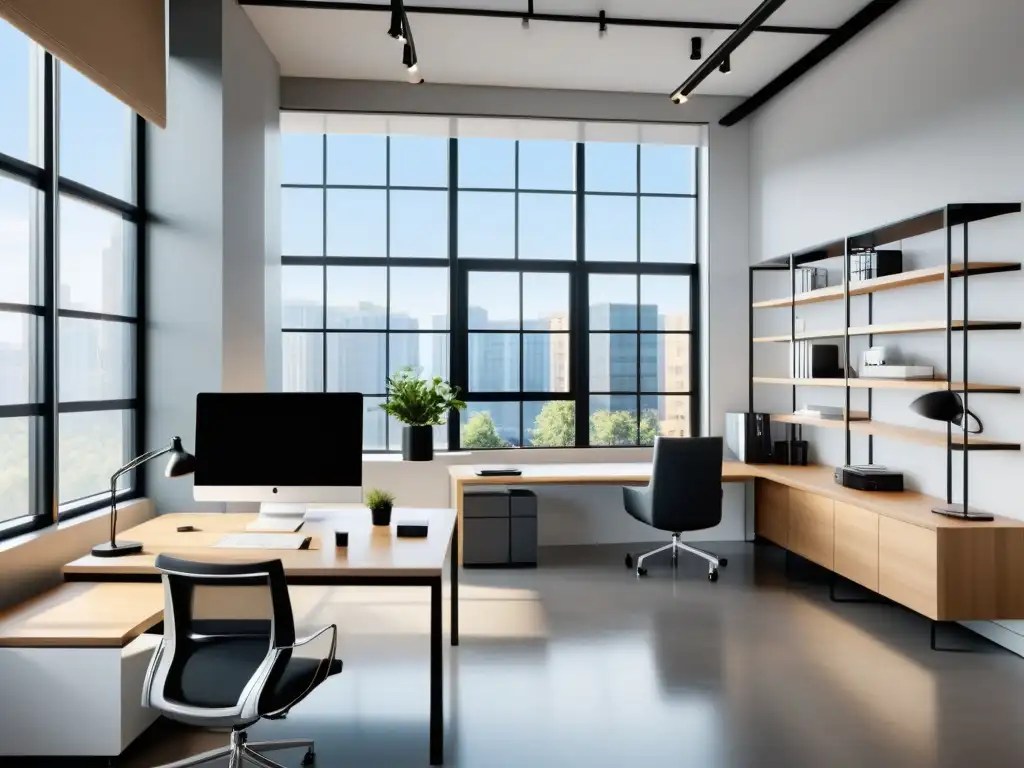Oficina minimalista y profesional con luz natural Un espacio de oficina minimalista y moderno, con muebles contemporáneos y decoración elegante