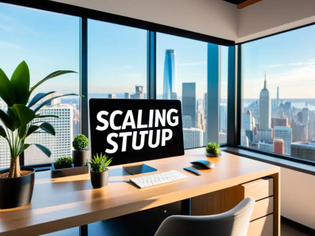 Un espacio de oficina moderno con un elegante escritorio minimalista, laptop de alta gama, planta y un bloc de notas con 'Consejos hosting escalable para startups' en caligrafía