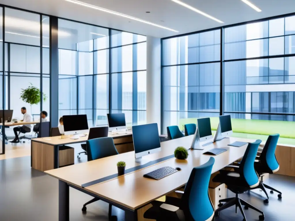 Innovación y productividad en oficina moderna para startup Espacio de oficina moderno con mobiliario minimalista, luz natural y equipo colaborando en laptops y pizarras blancas