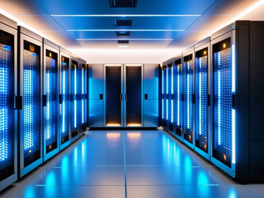 Sala de servidores Magento: eficiencia y tecnología de vanguardia Espacioso y futurista cuarto de servidores con soluciones efectivas de hosting para Magento lento, organizados y brillantes bajo luces LED azules y blancas