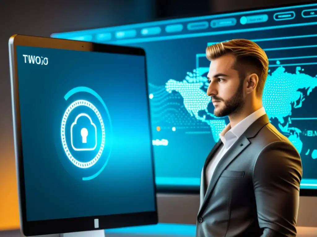 Configuración de autenticación en dos pasos por experto en ciberseguridad Un experto en ciberseguridad moderno configura autenticación de dos factores en un servicio de hosting web, destacando la importancia de la seguridad