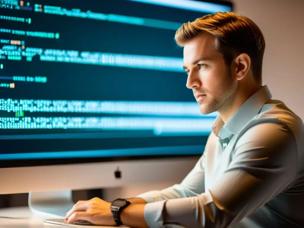 Experto en código Magento enfocado y determinado en la oficina moderna Experto en Magento analizando código con determinación en una oficina moderna