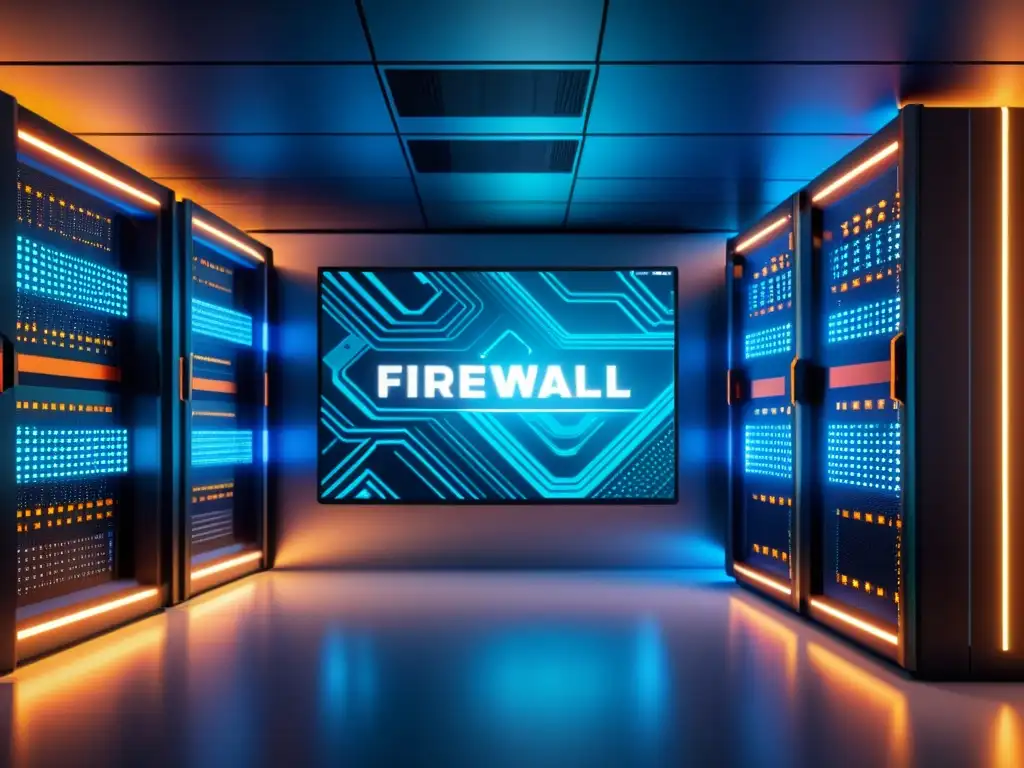 Firewall futurista de alta tecnología en un centro de datos Firewall en hosting para seguridad: Detallado sistema futurista en un centro de datos, con circuitos brillantes y análisis de amenazas en tiempo real