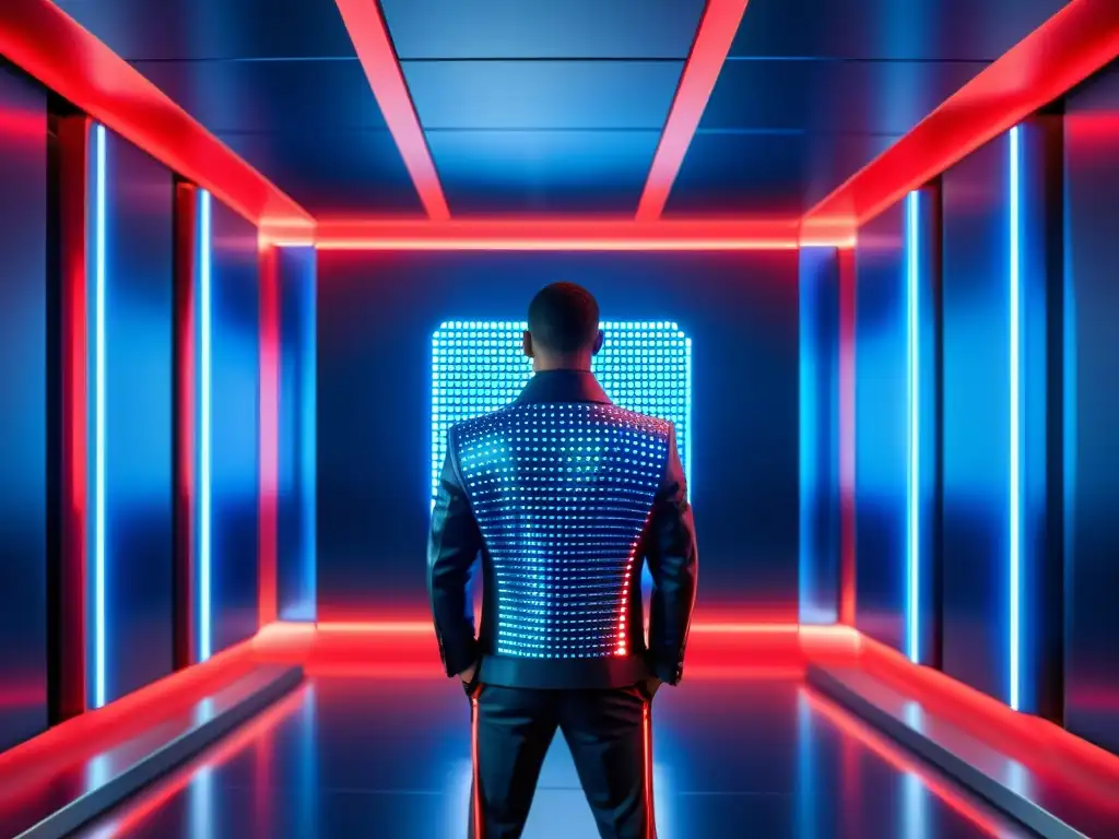 Avanzada estructura de firewall metálico con luces azules y rojas Firewall en hosting para seguridad: Estructura futurista metálica con destellos azules y rojos, rodeada de código binario y flujos de datos digitales