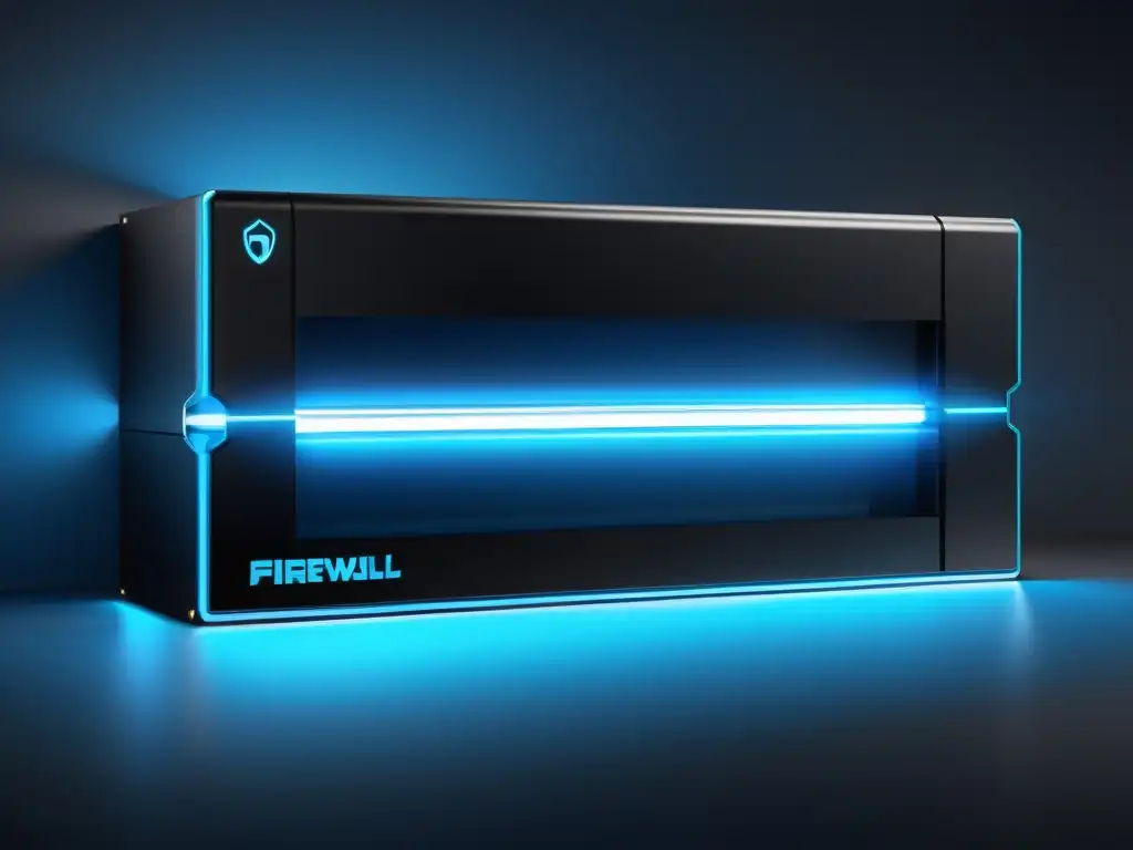 Firewall moderno: defensa futurista y robusta Firewall en hosting para seguridad: Sistema de protección avanzada con diseño futurista y luces azules brillantes