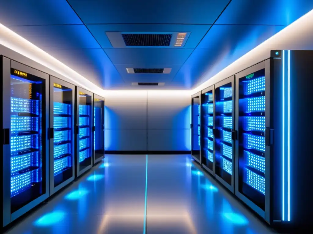 Sala de servidores de alta tecnología: eficiencia y vanguardia Un futurista centro de servidores con equipos organizados y luces LED parpadeantes, ideal para servicios adicionales de hosting, CDN y firewall
