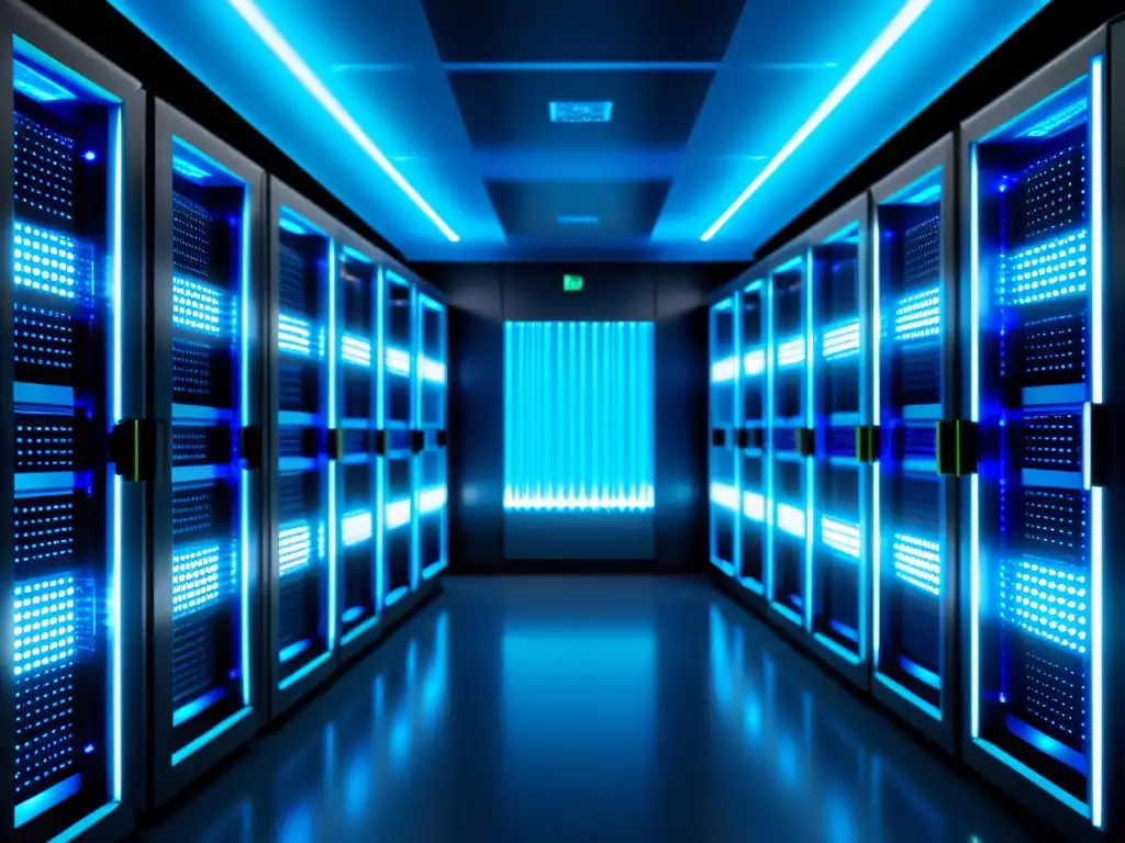 Sala de servidores futurista con tecnología de vanguardia para Moodle Un futurista y elegante centro de servidores con tecnología de vanguardia emitiendo una luz azul suave