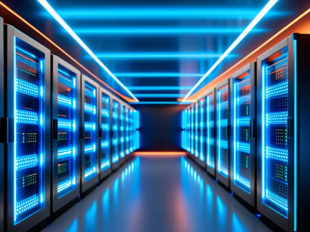 Sala de servidores futurista con líneas de datos iluminadas Un futurista salón de servidores con filas de racks iluminados, datos en movimiento y una atmósfera de vanguardia