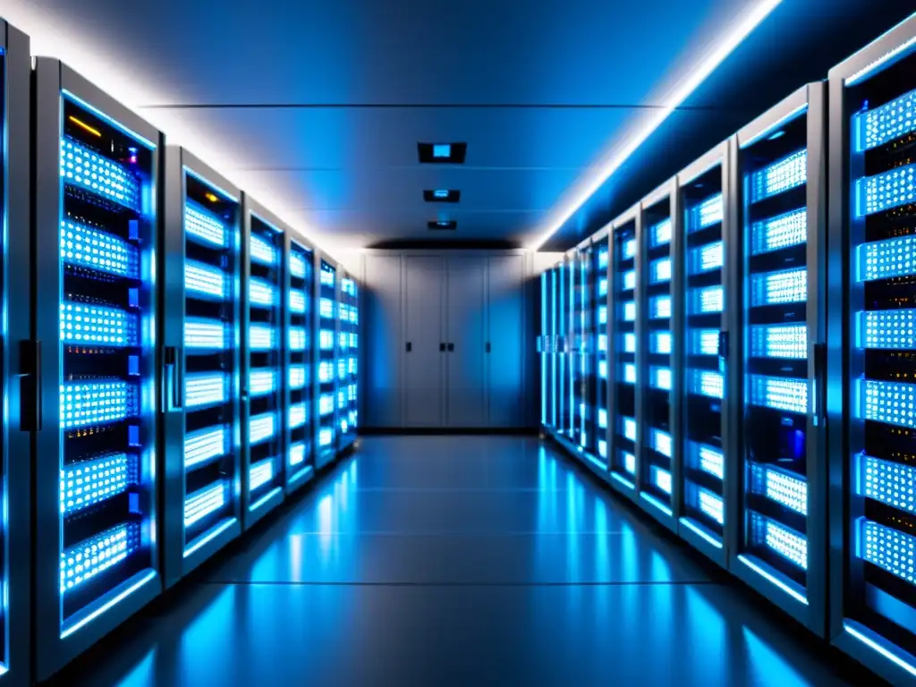 Sala de servidores de alta tecnología: futurista y segura Un futurista y seguro cuarto de servidores con racks relucientes iluminados por luces LED azules, interpretando políticas privacidad hosting web
