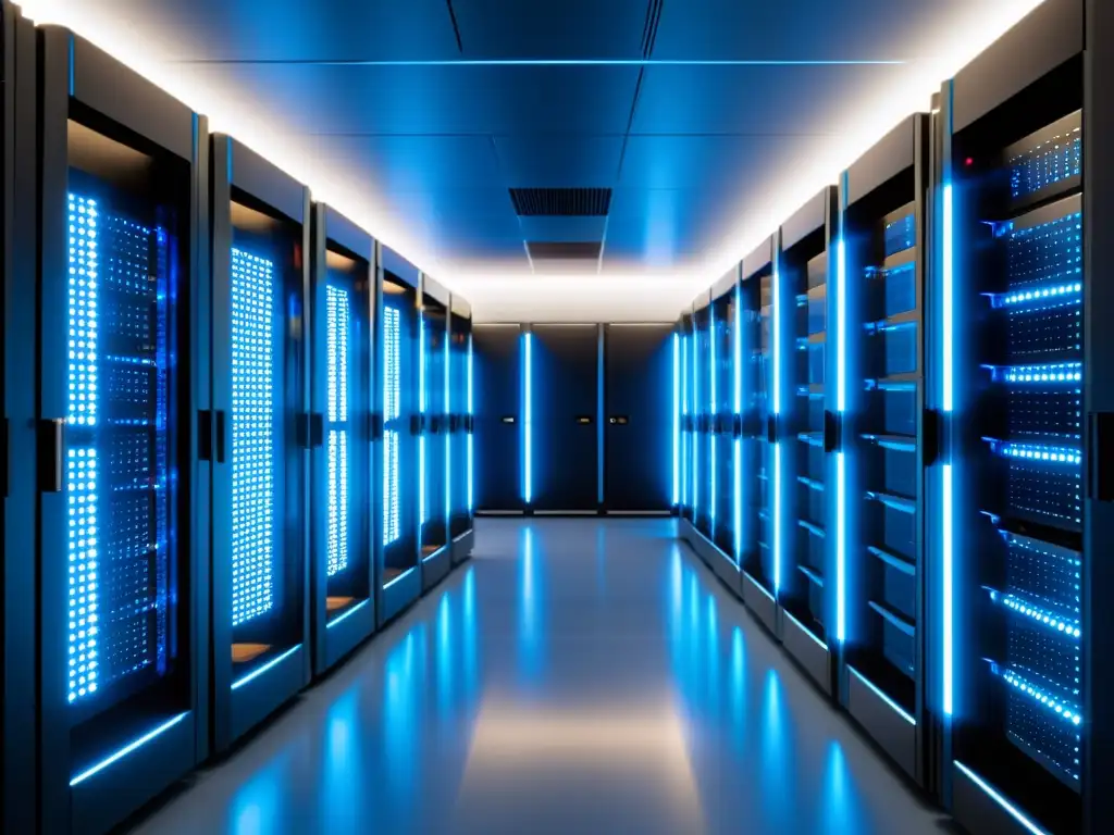 Centro de datos futurista: Eficiencia y tecnología de vanguardia Un data center futurista con servidores organizados y una estética de alta tecnología