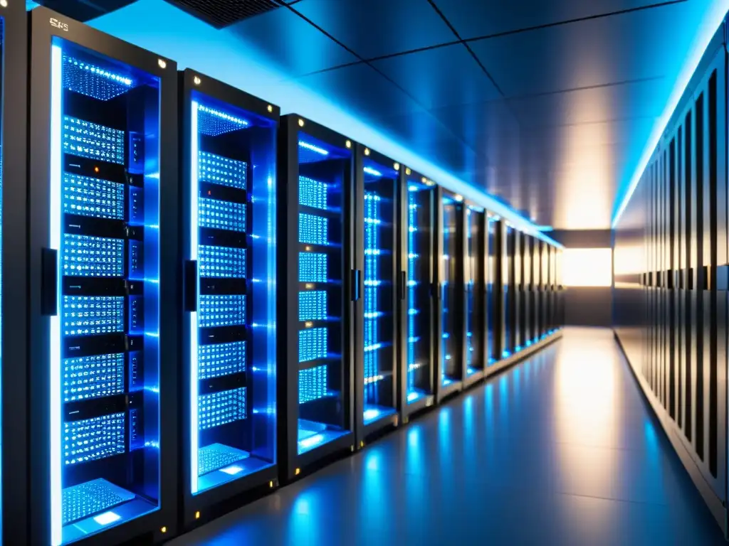 Servidores Futuristas para Startups: Infraestructura Avanzada Server room futurista con servidores de vanguardia parpadeando en luz azul, destacando la importancia del soporte técnico en hostings para startups