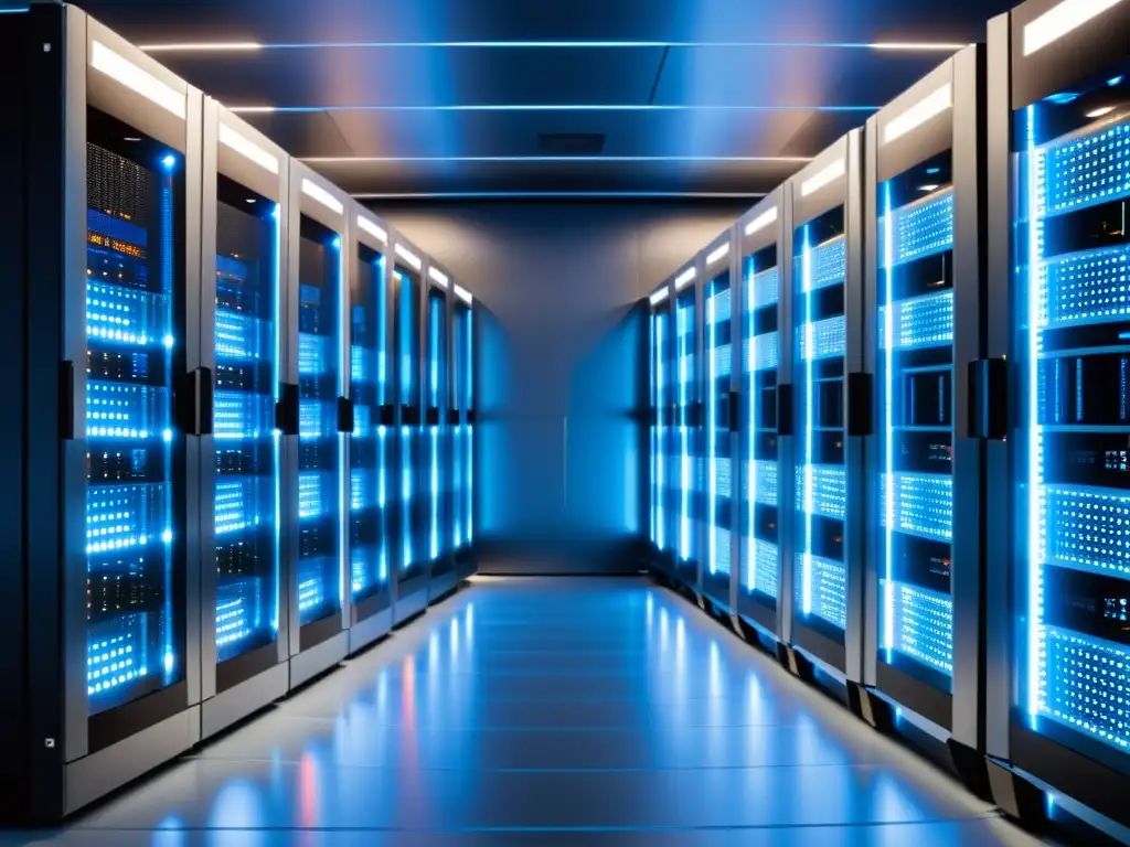 Servidores futuristas en centro de datos de alta tecnología Dos futuristas racks de servidores, con luces LED pulsantes, en un centro de datos