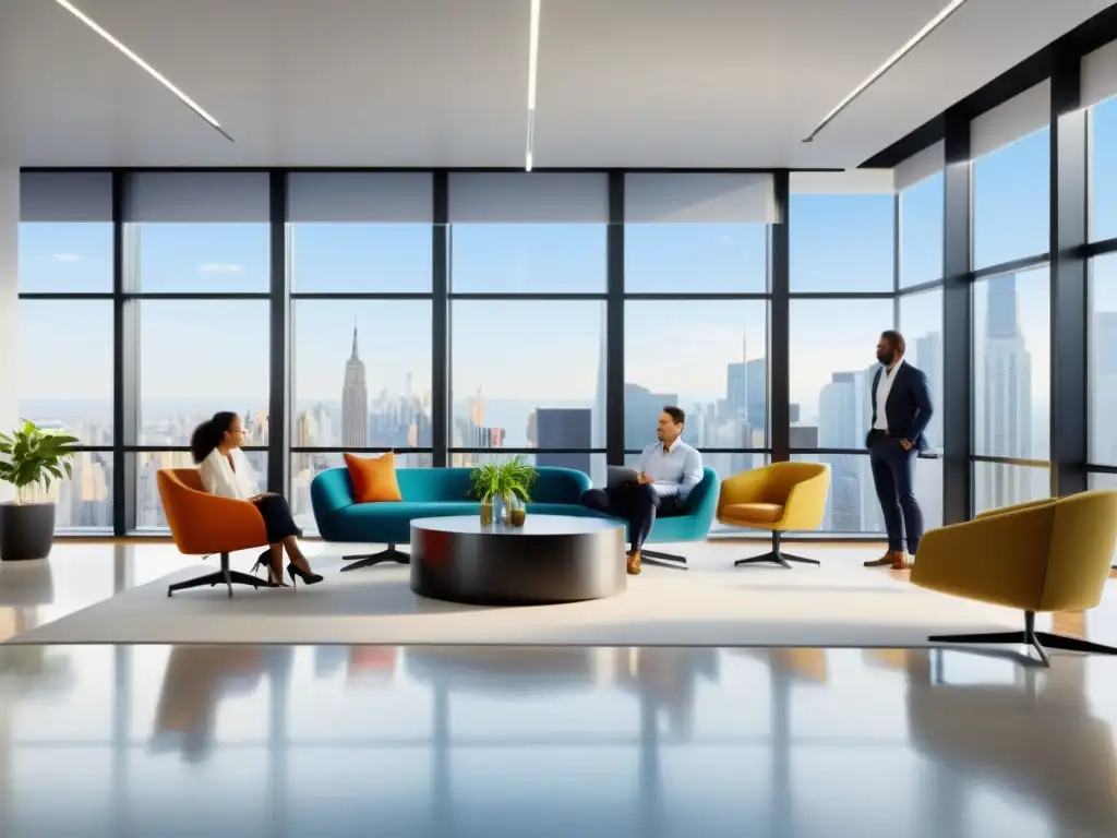 Profesionales innovadores colaborando en un espacio de oficina moderno Un grupo diverso de profesionales colaborando en un espacio de oficina moderno y luminoso, con una atmósfera vibrante y energética