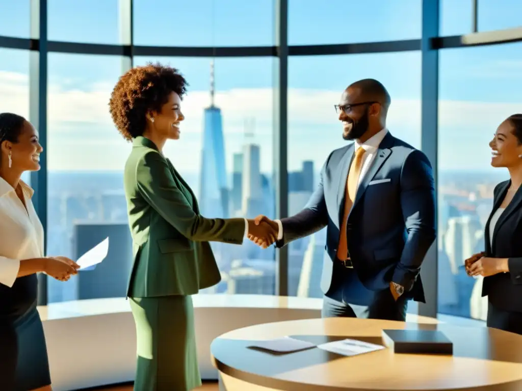 Alianzas estratégicas: Profesionales en colaboración Un grupo diverso de profesionales en trajes de negocios se encuentran en un moderno espacio de oficina intercambiando tarjetas y estrechando manos