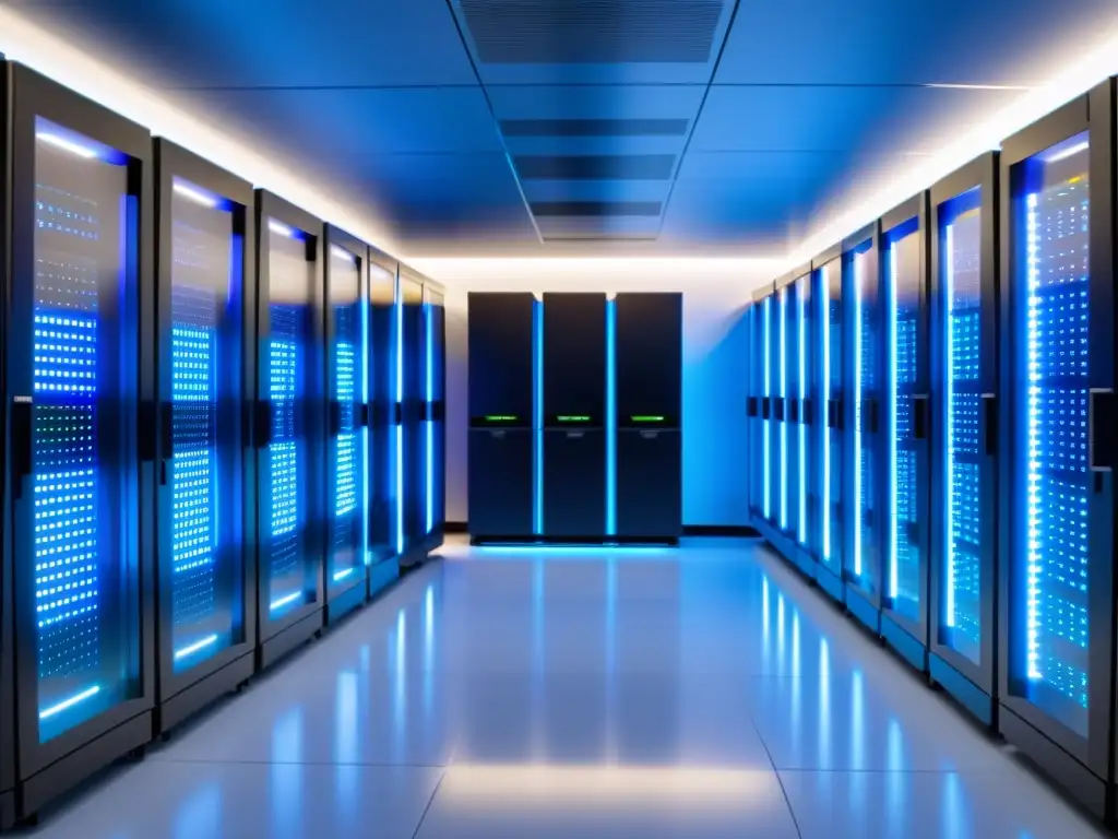 Herramientas de monitoreo esenciales hosting: Sala de servidores moderna y ordenada, iluminada en azul y blanco