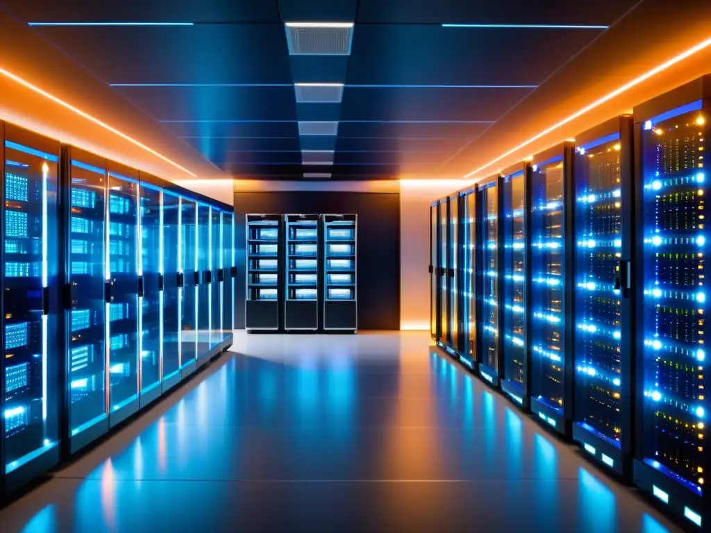 Herramientas de monitoreo esenciales hosting: Sala de servidores moderna, ordenada, con tecnología de vanguardia y ambiente profesional futurista