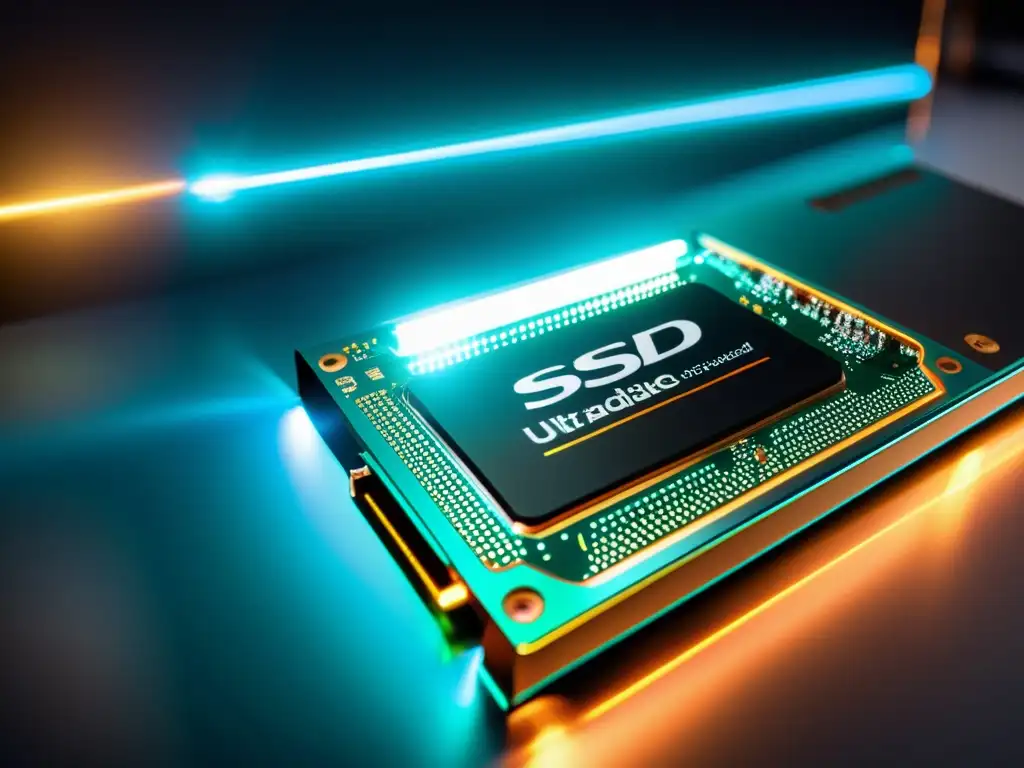 SSD de alta velocidad: Tecnología futurista en detalle SSD hosting: detallada imagen de un disco de alta velocidad con luces LED futuristas
