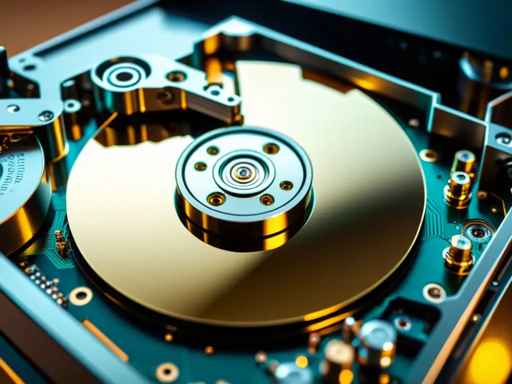 Increíble detalle de un HDD tradicional Una imagen en alta resolución muestra los intrincados componentes de un HDD tradicional