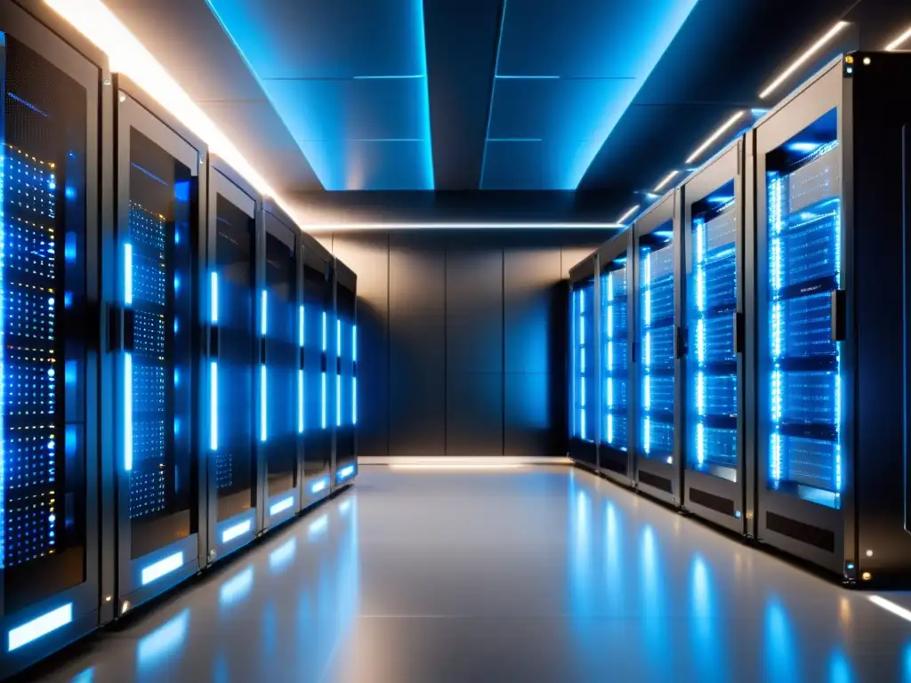 Centro de datos futurista: Hosting Magento de alta velocidad Imagen de un centro de datos futurista con servidores ordenados y luces LED azules, transmitiendo la velocidad de alojamiento Magento